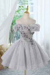Gray Scoop Neckline Tulle Sequins Short Evening Prom Dresses, A-Line Off The Shoulder Evening Party Dresses